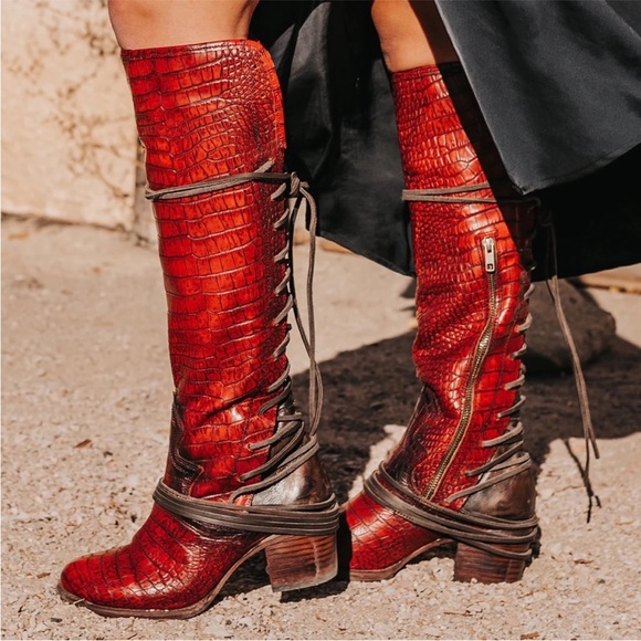 FreeBird Coal Knee High Boots Red Croc